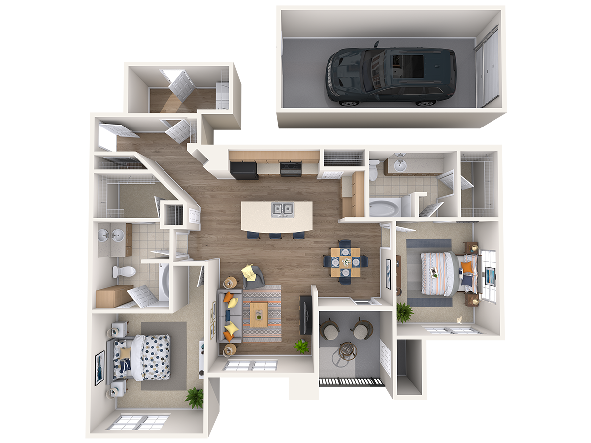 Floor plan for 2 beds, 2 baths, 1299 sqft